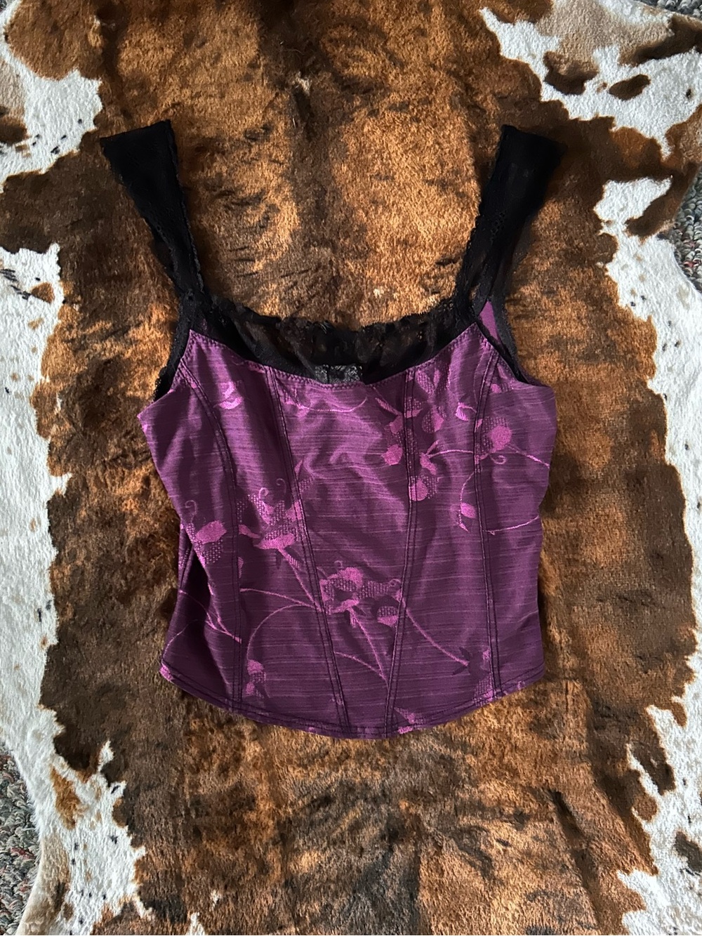 Purple Floral Satin Corset-Style Top